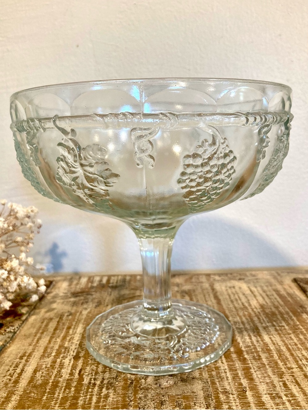 Clear Pressed Glass Compote Serving Bowl with Grape Motif 6” Tall